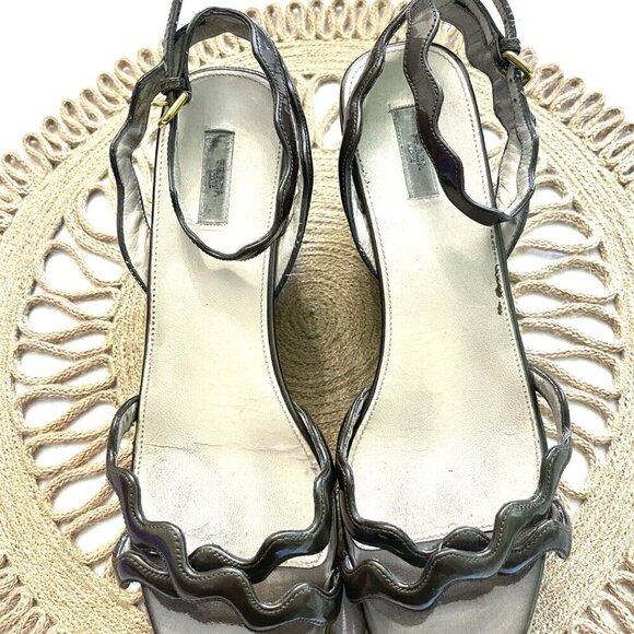 Prada Brown Patent Leather Scalloped Open Toe Wedge Sandals Size EU 40.5 - Picture 9 of 12